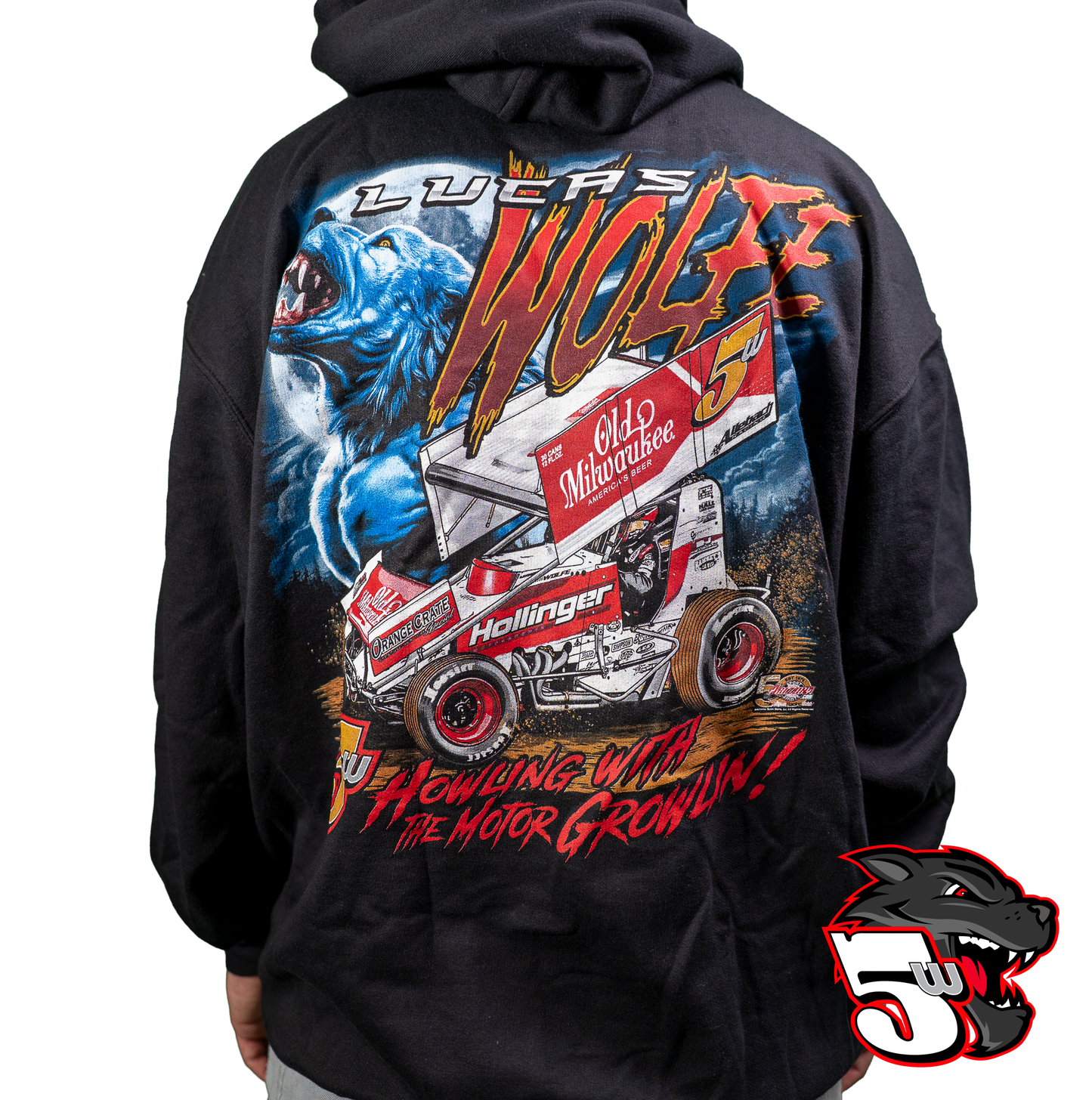 Black hoodie with a colorful graphic design on the back featuring a bear, truck, and text.