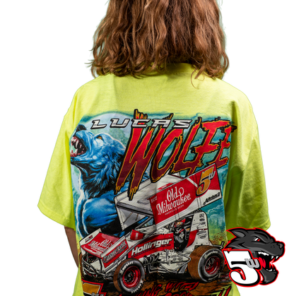 💥 Lucas Wolfe Wolf Ripping Garage Tee Safety Green